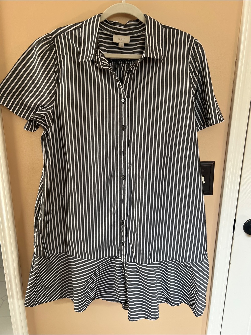 LOFT Black and White Vertical Stripe Button-Down Dress with Ruffle Hem